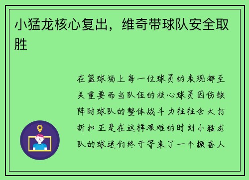 小猛龙核心复出，维奇带球队安全取胜