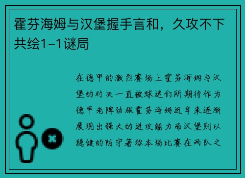 霍芬海姆与汉堡握手言和，久攻不下共绘1-1谜局