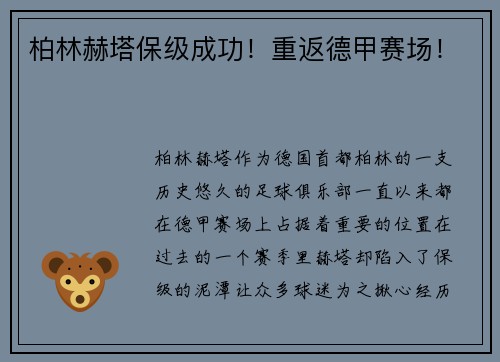 柏林赫塔保级成功！重返德甲赛场！